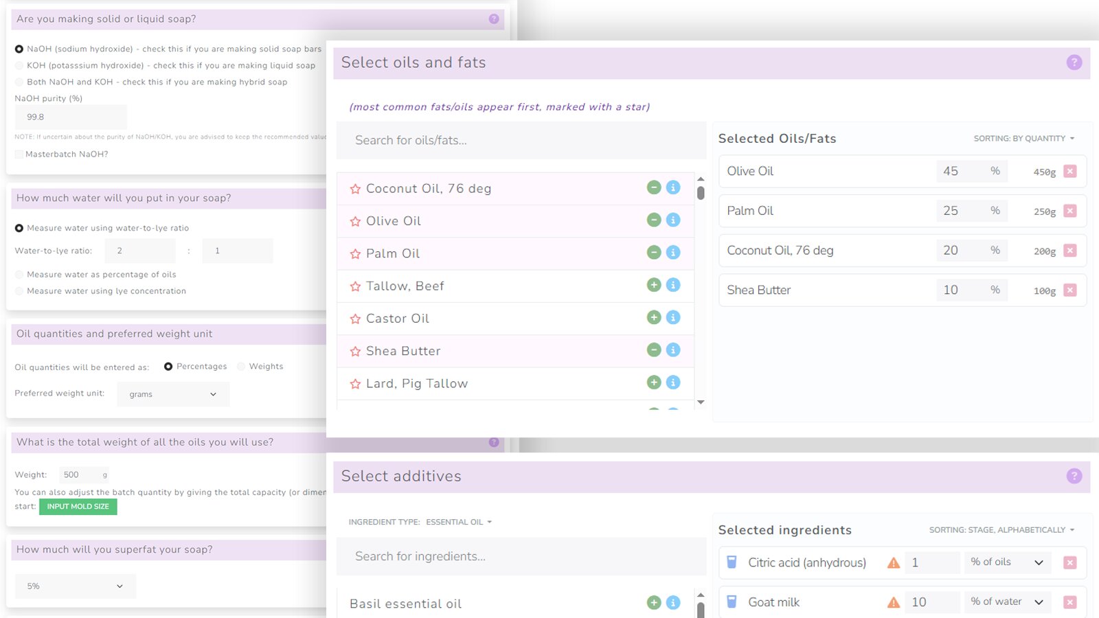 Clean, guided soap calculator interface showing recipe setup, ingredient selection, and precise results
