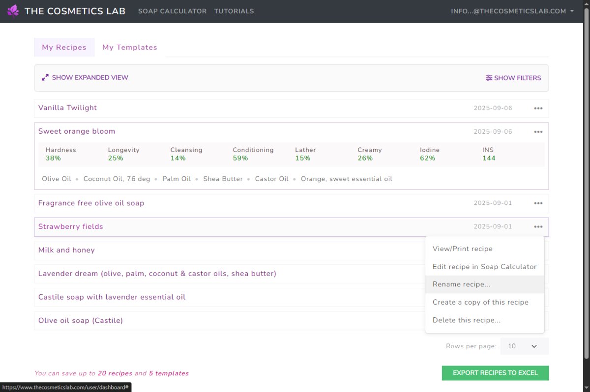 Recipe management with titles, images, notes, and quick actions to edit or duplicate