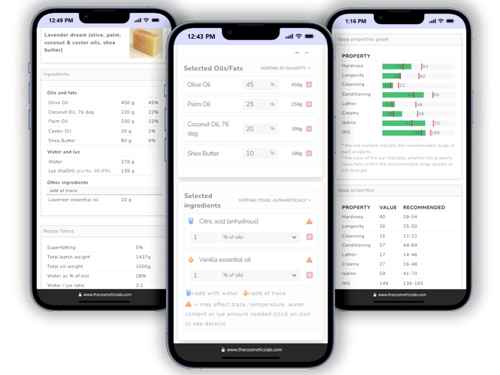 Mobile view of TCL Soap Calculator showing quick recipe setup and clear results side by side