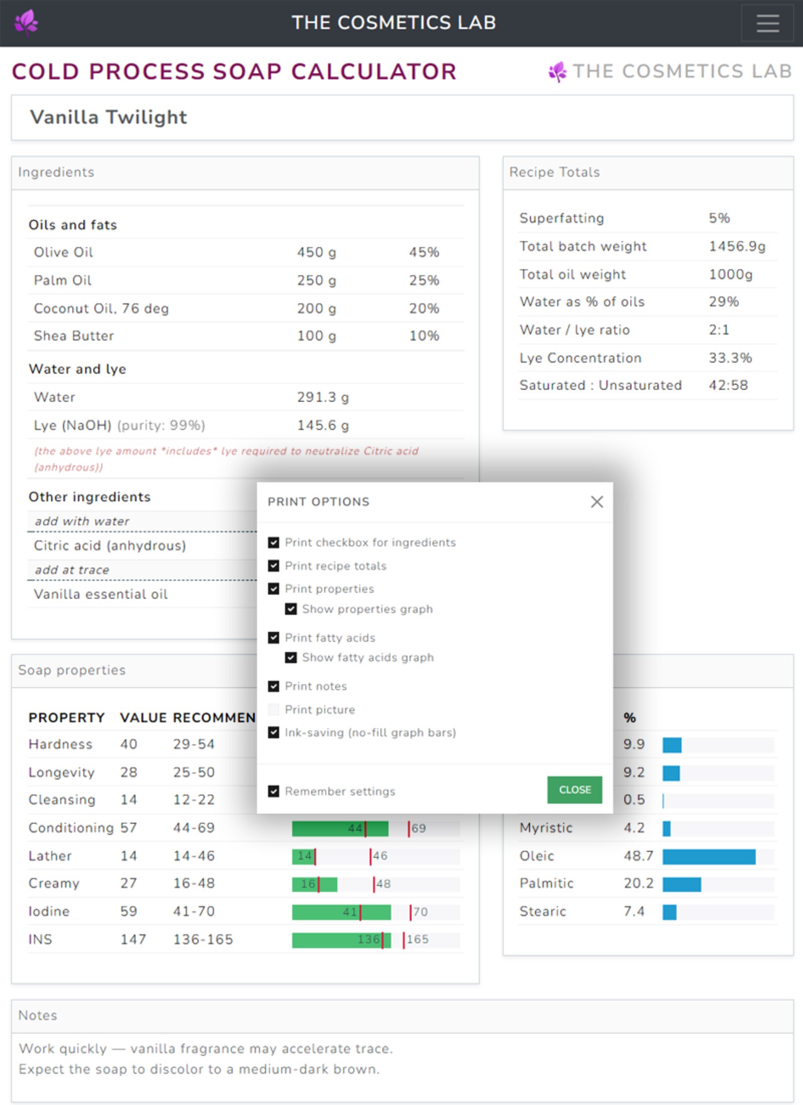 Clear results showing lye and water amounts with recipe totals