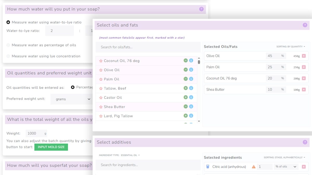 Guided wizard interface for creating a soap recipe