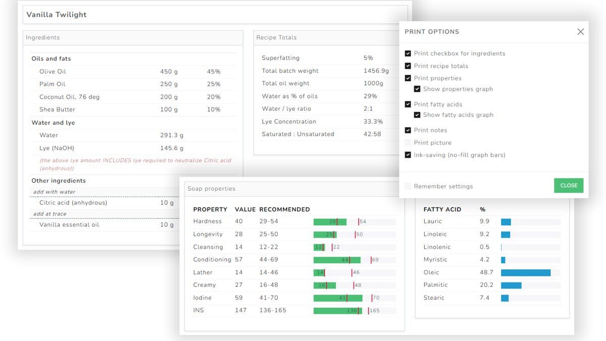 Printout view showing soap recipe details with bar graphs for properties and fatty acids
