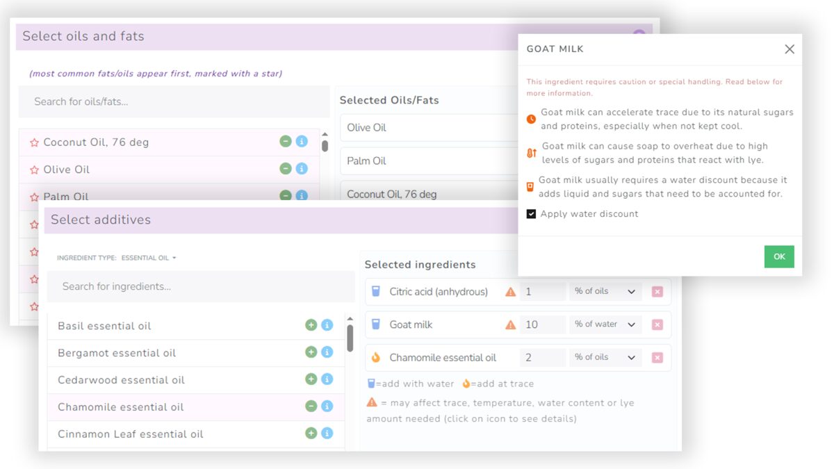 Ingredient selection interface with categorized oils and additives