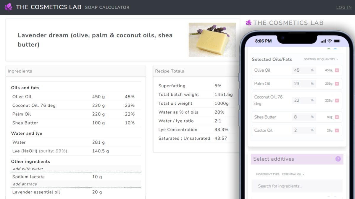 The Cosmetics Lab Soap Calculator — clean UI with property graphs