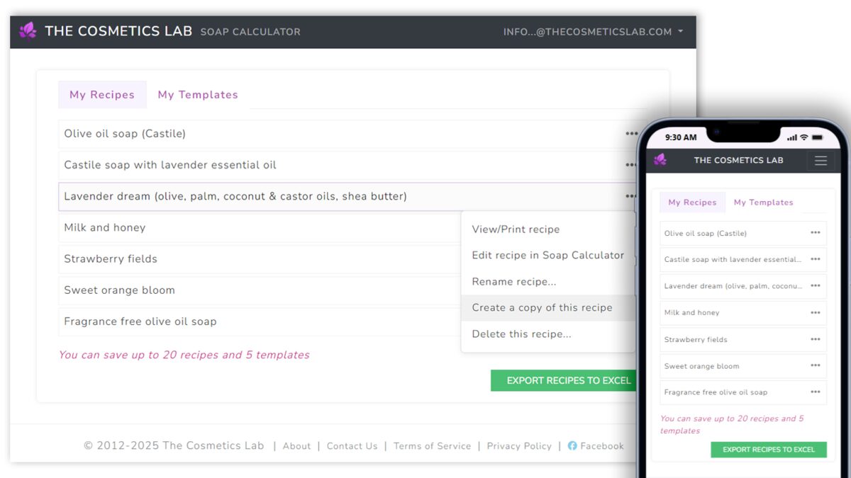Recipe management screen showing saved soap recipes and templates