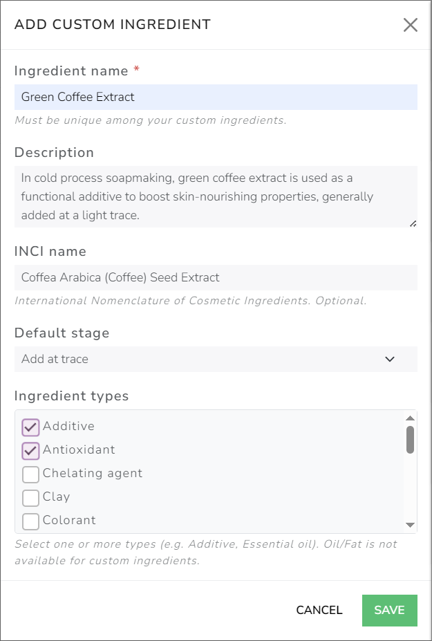 The Cosmetics Lab Soap Calculator - Add custom ingredient