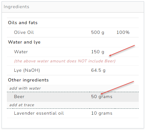 The Cosmetics Lab Soap Calculator - water discount in soap calculator results