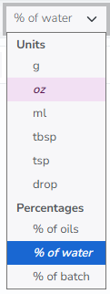 The Cosmetics Lab Soap Calculator - ingredients unit menu