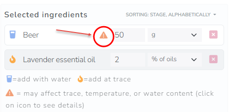 The Cosmetics Lab Soap Calculator - show warning for ingredients requiring special care