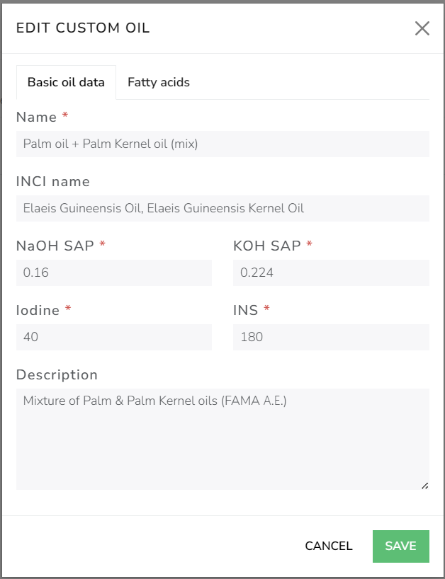The Cosmetics Lab Soap Calculator - Edit custom oil basic data