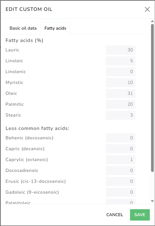 The Cosmetics Lab Soap Calculator - Edit custom oil fatty acids