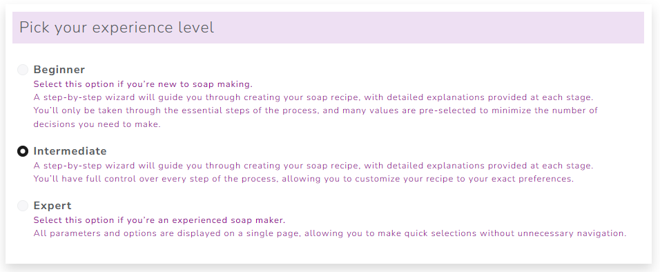 The Cosmetics Lab Soap Calculator - Expertise levels