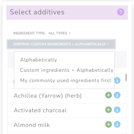The Cosmetics Lab Soap Calculator - Ingredients sorting options