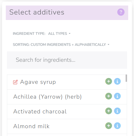 The Cosmetics Lab Soap Calculator - Ingredients sorting options