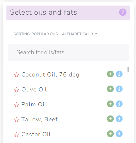 The Cosmetics Lab Soap Calculator - Oils/fats sorting options