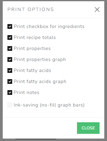 The Cosmetics Lab Soap Calculator - print options dialog