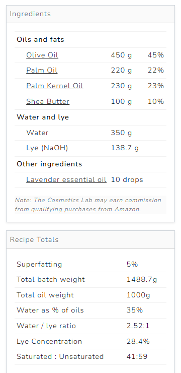 The Cosmetics Lab Soap Calculator - recipe summary - ingredients and totals